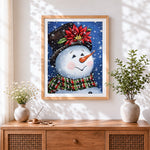 Finished happy snowman with poinsettia hat cross stitch artwork displayed