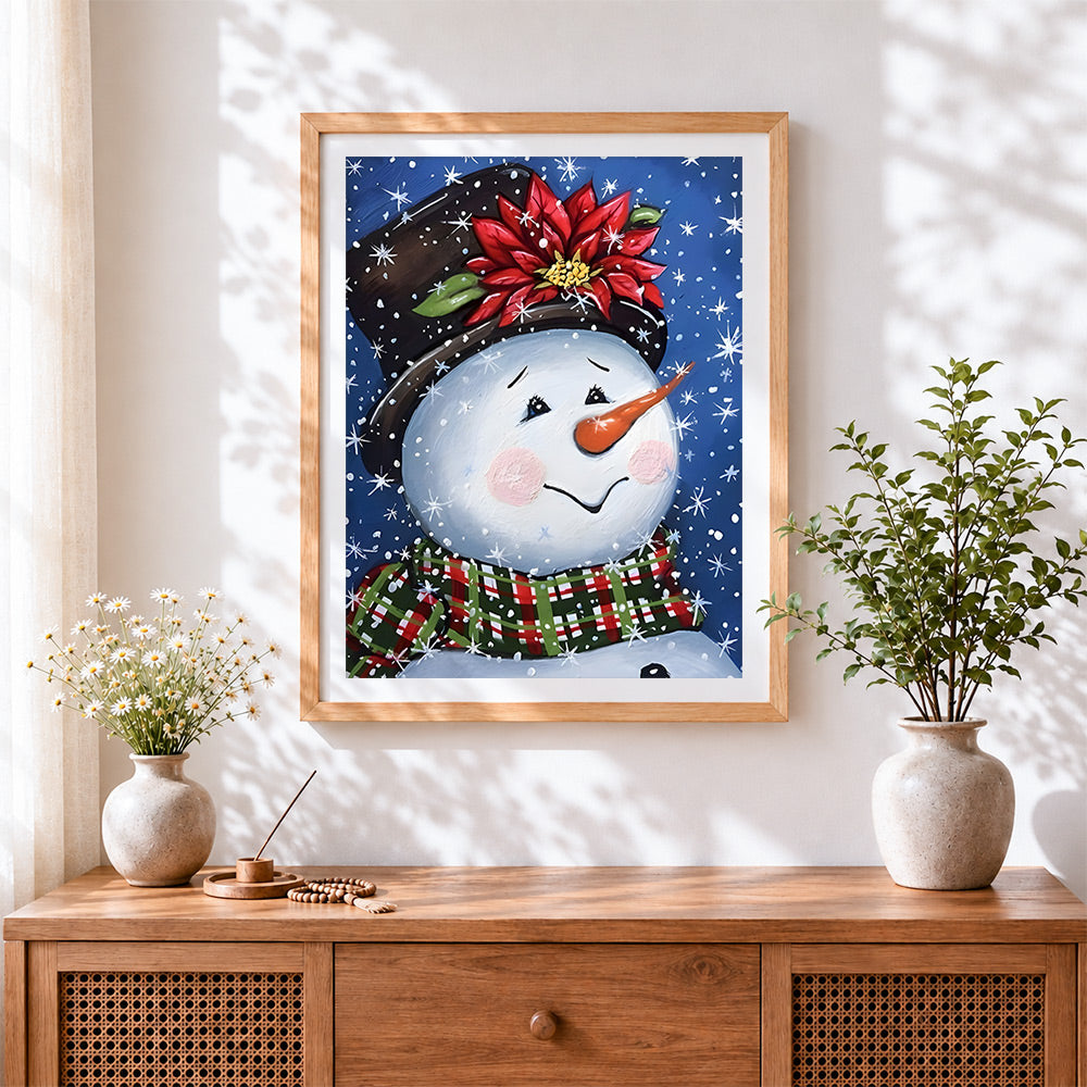 Finished happy snowman with poinsettia hat cross stitch artwork displayed