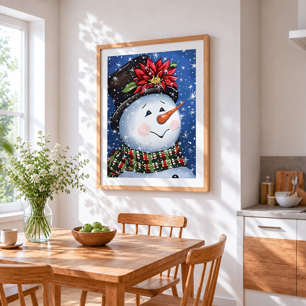 Happy snowman with poinsettia hat cross stitch artwork displayed on wall as home decor