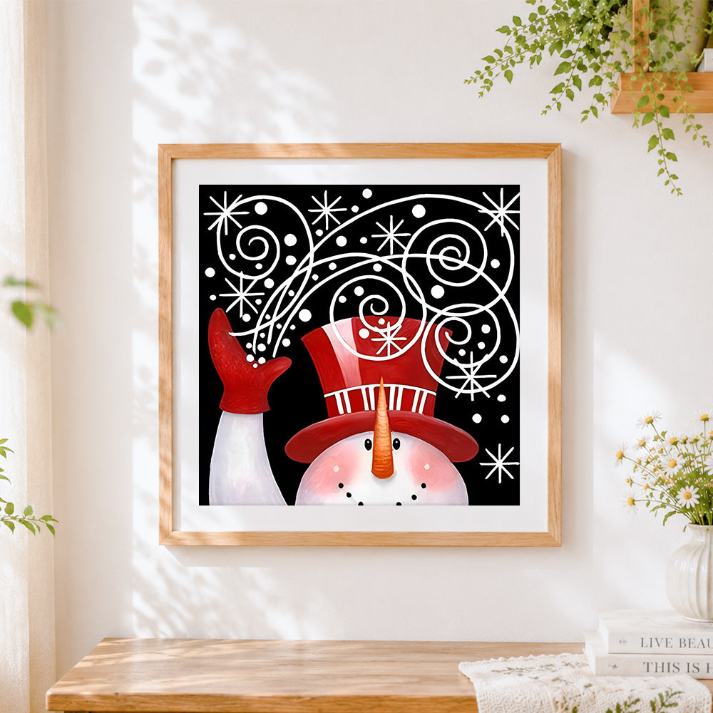 Finished happy snowman with red hat cross stitch artwork displayed
