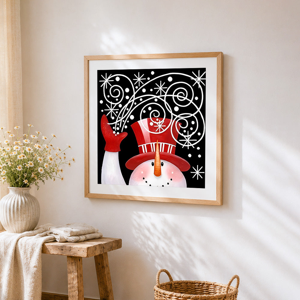 Happy snowman with red hat cross stitch artwork displayed on wall as home decor