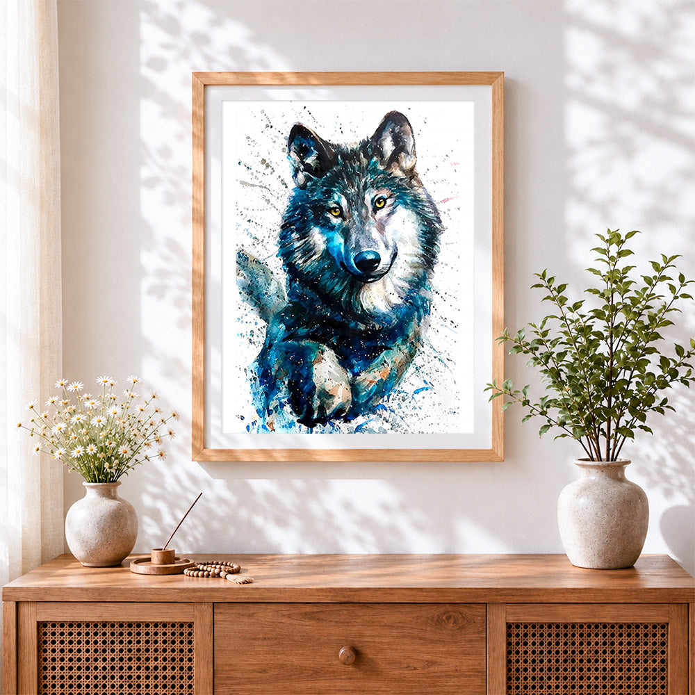 Finished happy watercolour wolf paint by numbers artwork displayed as home decor
