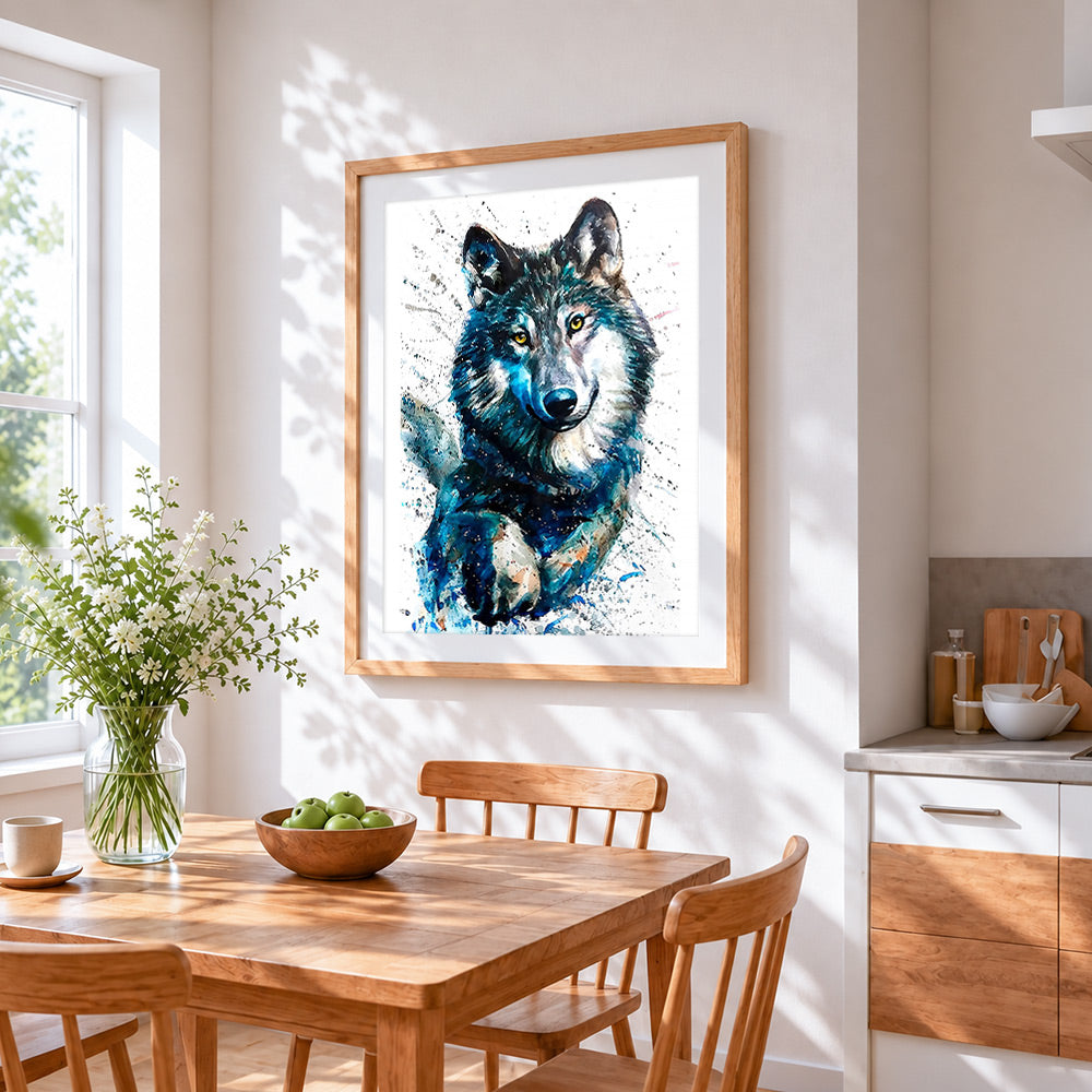 Happy watercolour wolf paint by numbers artwork displayed on wall as home decor