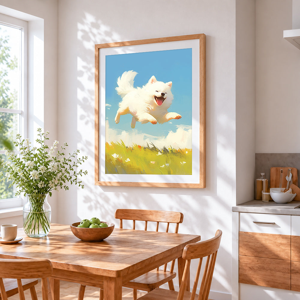 Happy white pomeranian jumping paint by numbers artwork displayed on wall as home decor