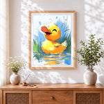 Finished happy yellow duckling in water cross stitch artwork displayed