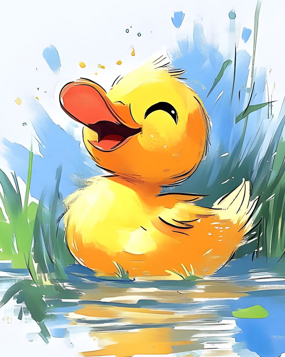 Happy yellow duckling in water cross stitch kit for beginners