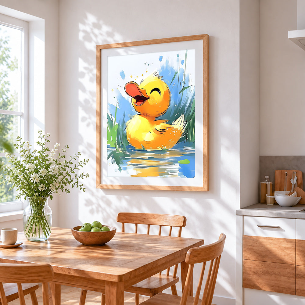 Happy yellow duckling in water cross stitch artwork displayed on wall as home decor