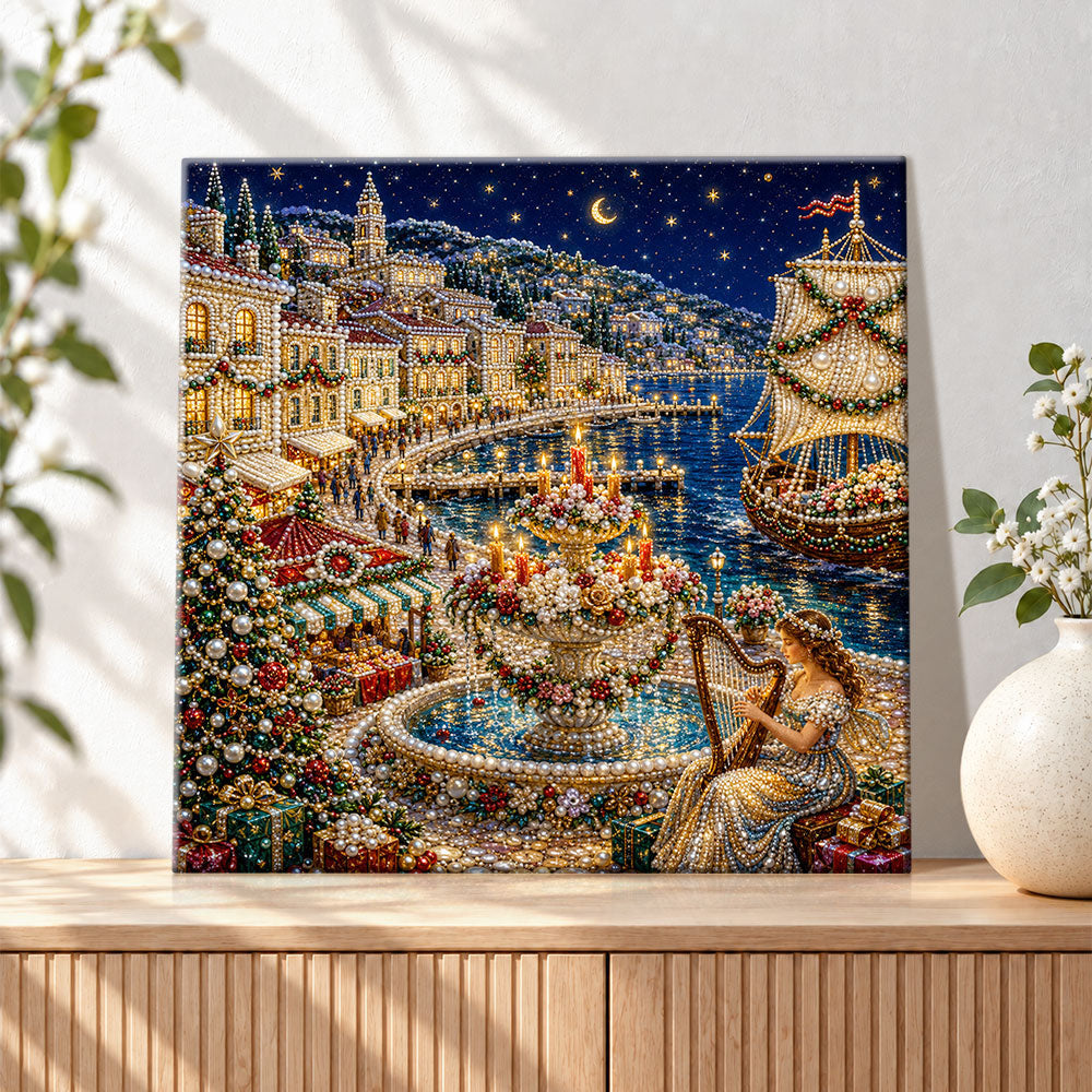 Finished harbor night with harp lady pearl diamond painting artwork displayed as holiday home decor