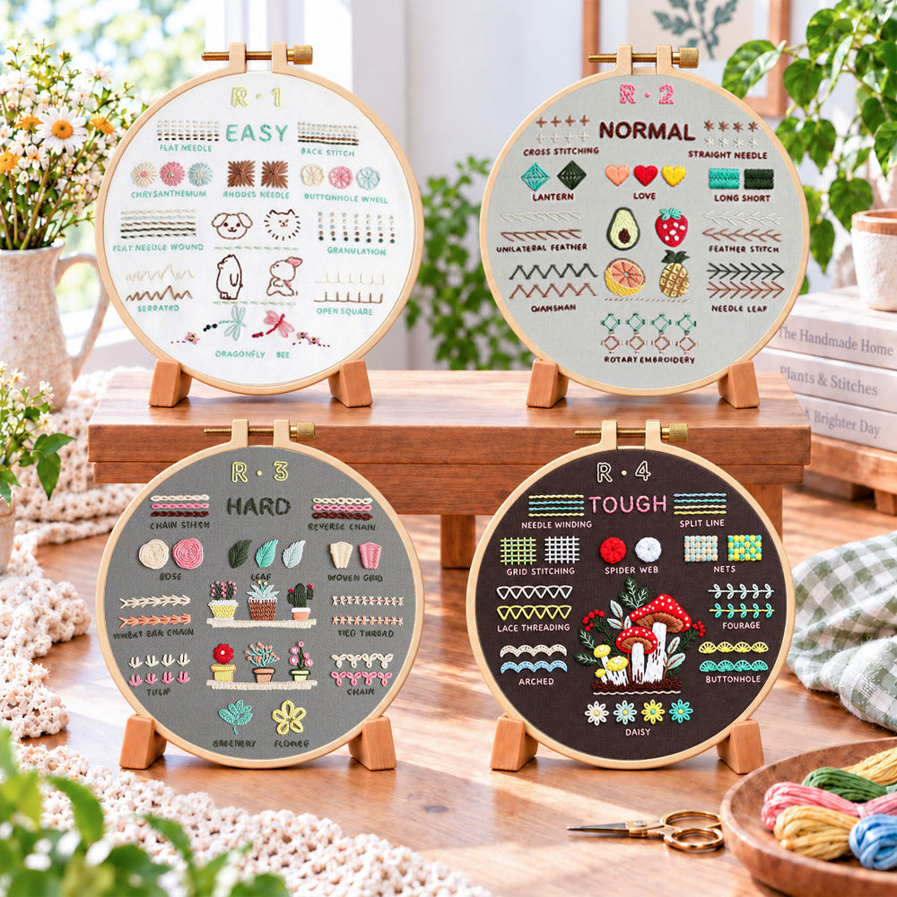 Hard embroidery stitch art embroidery kit finished hoop displayed on a wooden stand as cosy tabletop decor