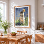 Hare in grass cross stitch artwork displayed on wall as home decor