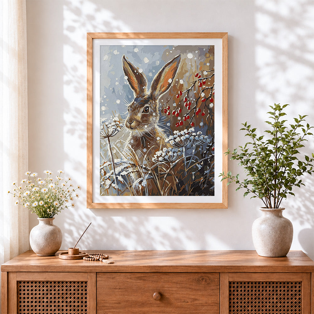 Finished hare in snow cross stitch artwork displayed