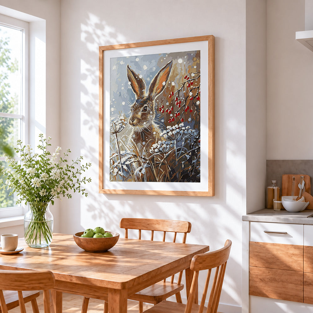 Hare in snow cross stitch artwork displayed on wall as home decor