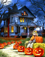 Haunted house and glowing pumpkins cross stitch kit for beginners