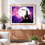 Finished haunted house on a hill with full moon cross stitch artwork displayed