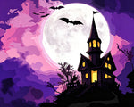Haunted house on a hill with full moon cross stitch kit for beginners