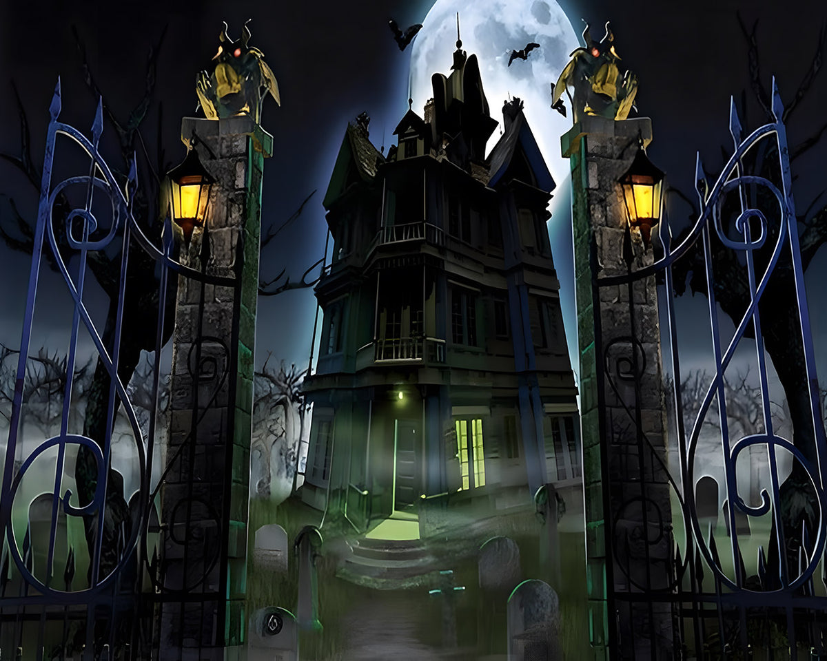 Haunted house with full moon cross stitch kit for beginners