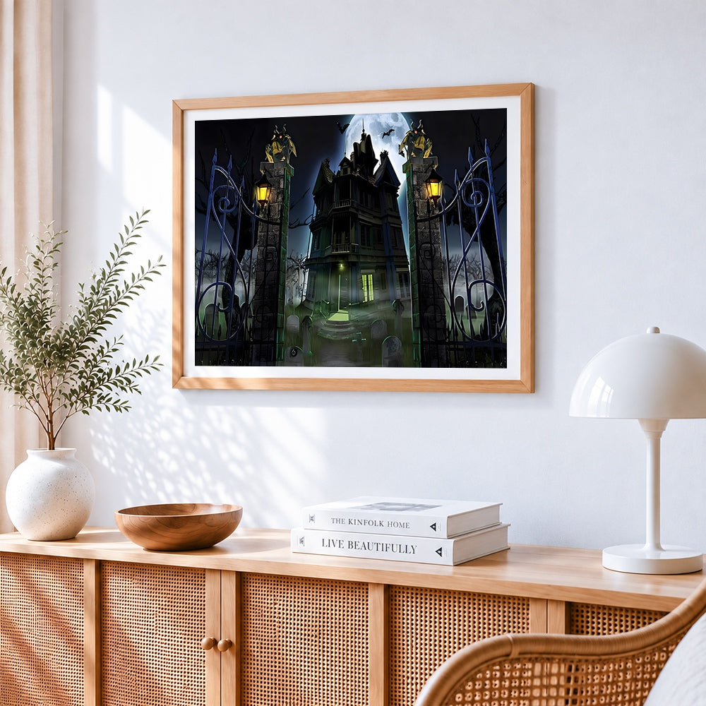 Haunted house with full moon cross stitch artwork displayed on wall as home decor