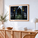 Haunted house with full moon cross stitch artwork displayed on wall as home decor