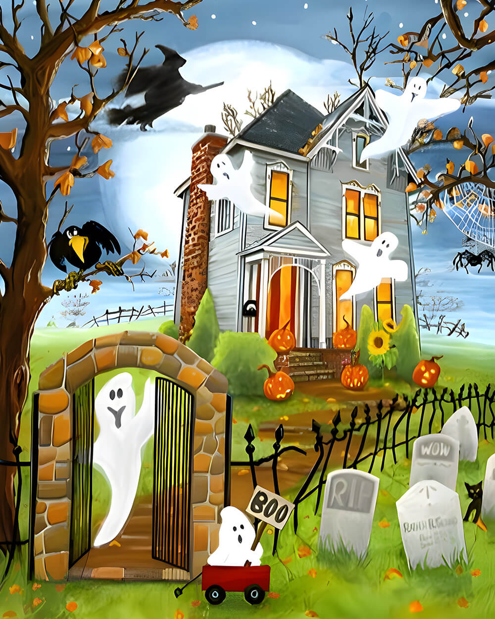 Haunted house with ghosts and graveyard cross stitch kit for beginners