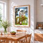 Haunted house with ghosts and graveyard cross stitch artwork displayed on wall as home decor