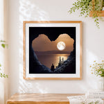 Finished heart cave with full moon meditation cross stitch artwork displayed