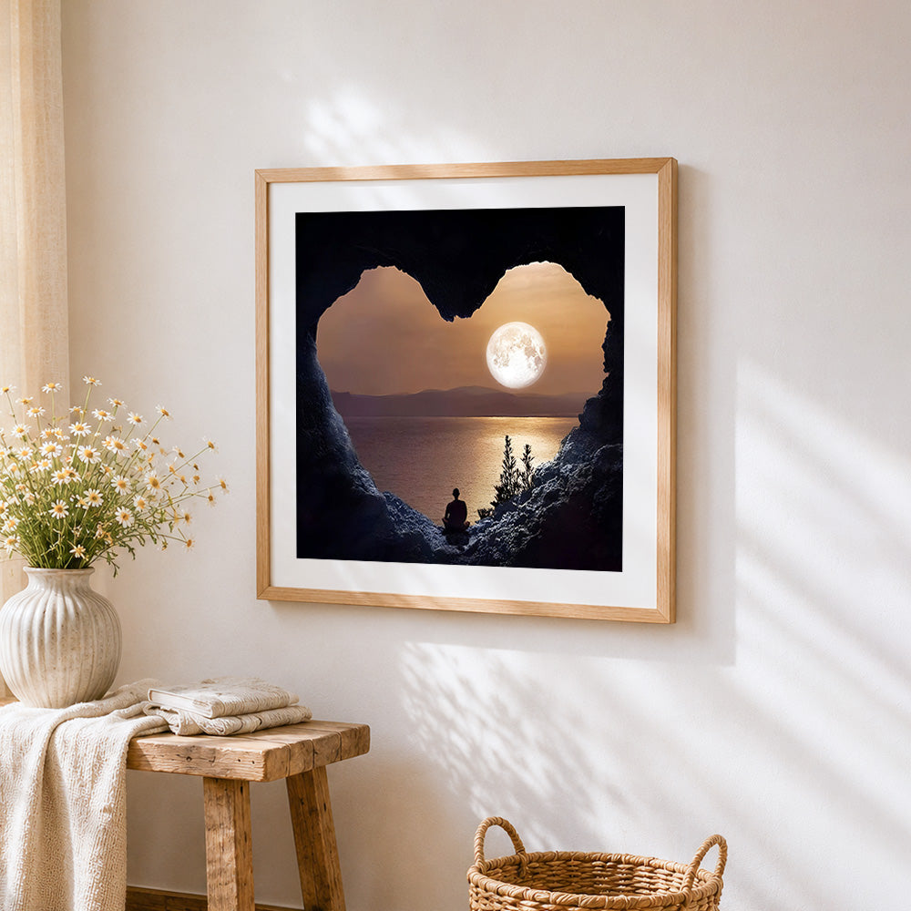 Heart cave with full moon meditation cross stitch artwork displayed on wall as home decor