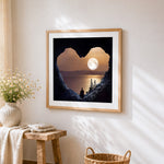 Heart cave with full moon meditation paint by numbers artwork displayed on wall as home decor