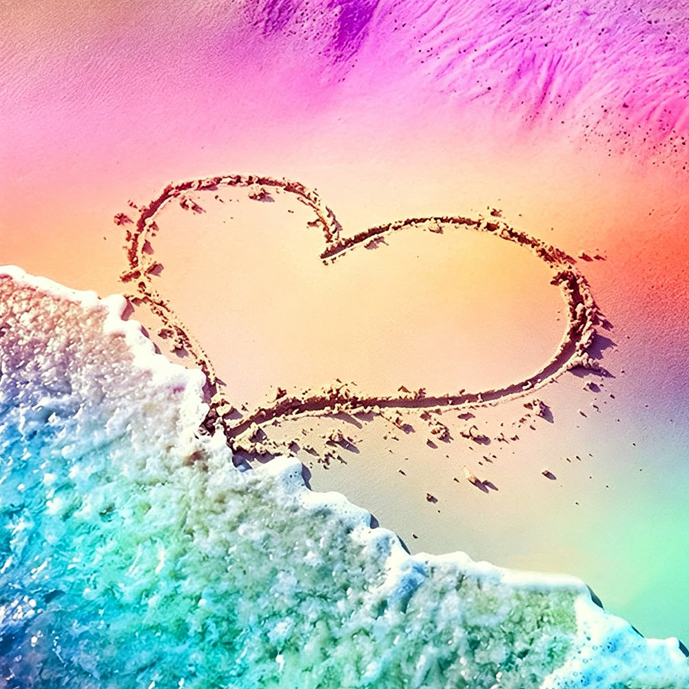 Heart drawn in sand with ocean waves paint by numbers kit for beginners