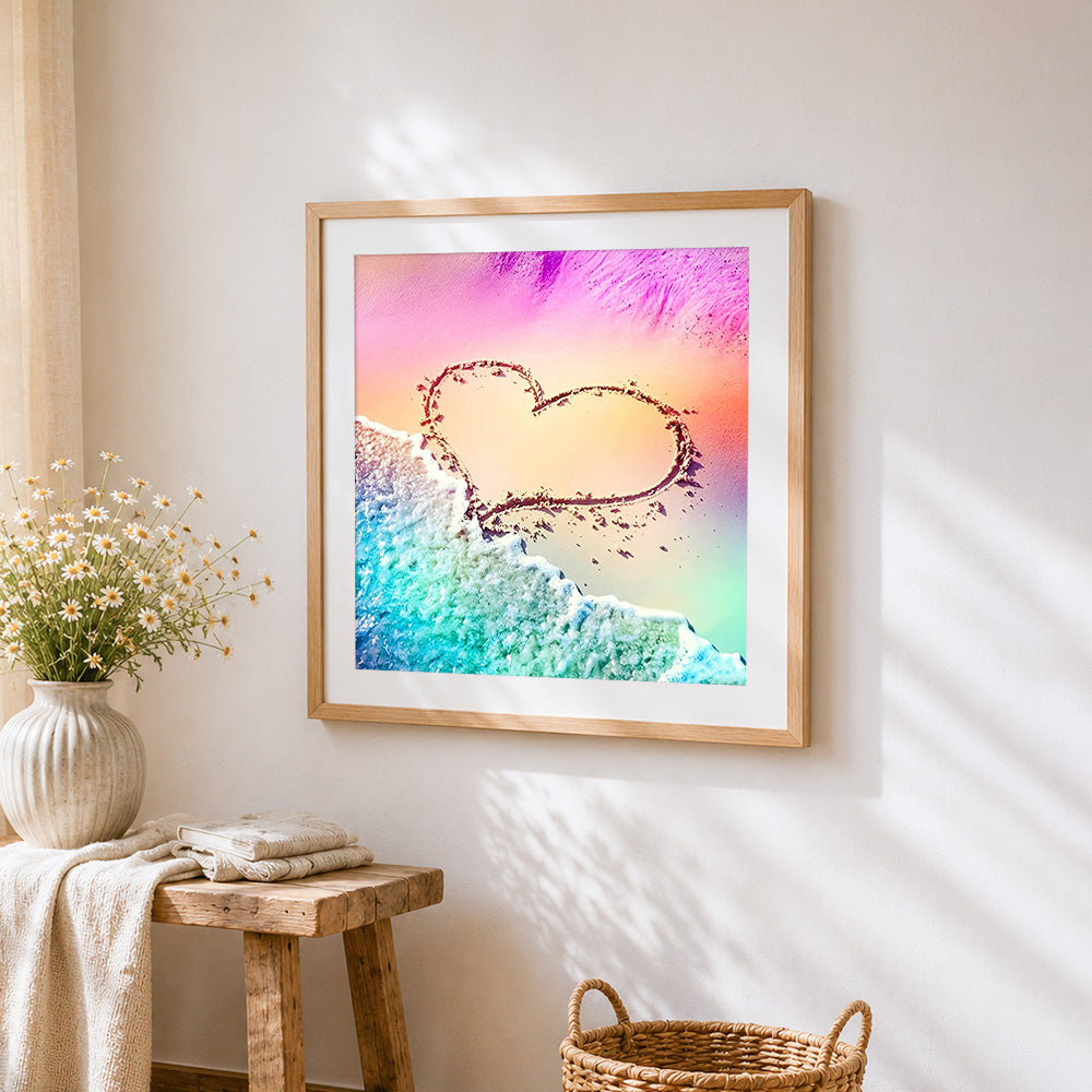 Heart drawn in sand with ocean waves paint by numbers artwork displayed on wall as home decor