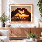 Finished heart hands at sunset paint by numbers artwork displayed as home decor