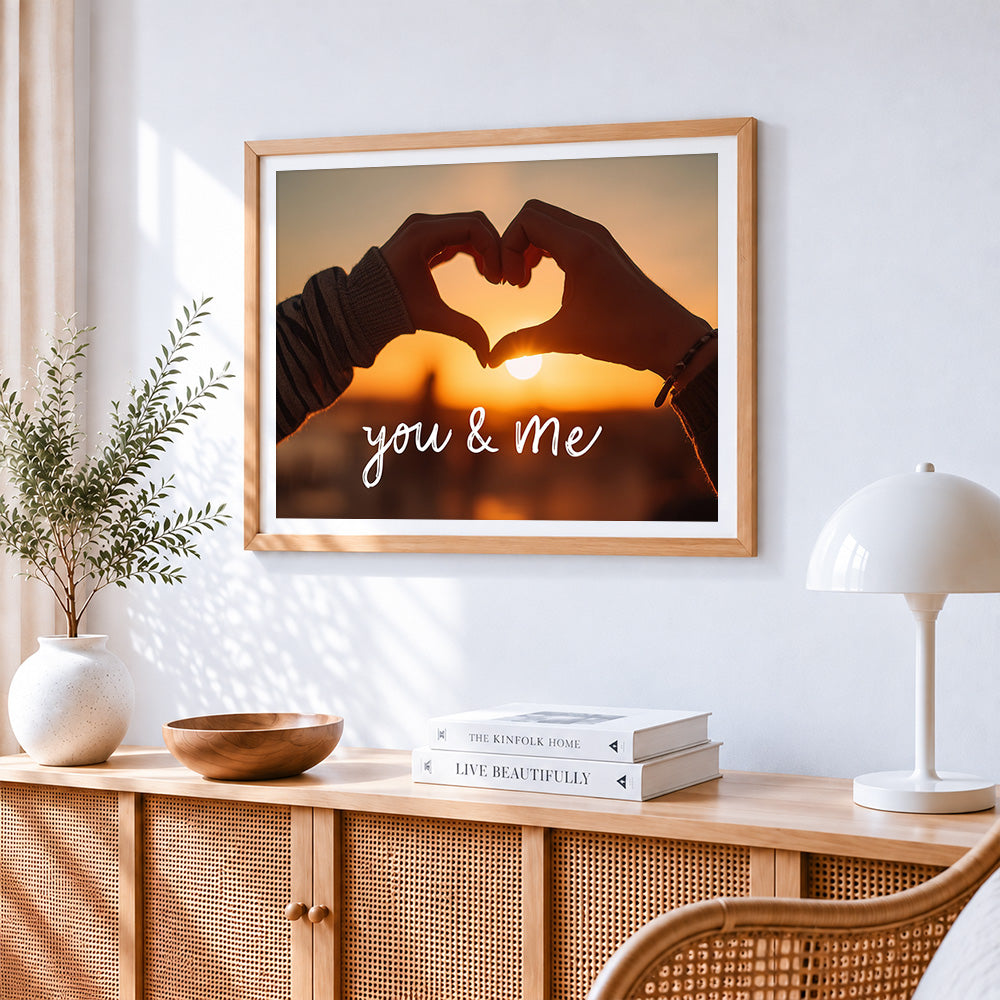 Heart hands at sunset paint by numbers artwork displayed on wall as home decor