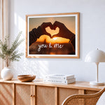 Heart hands at sunset paint by numbers artwork displayed on wall as home decor