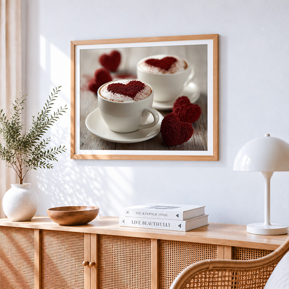 Heart latte cross stitch artwork displayed on wall as home decor