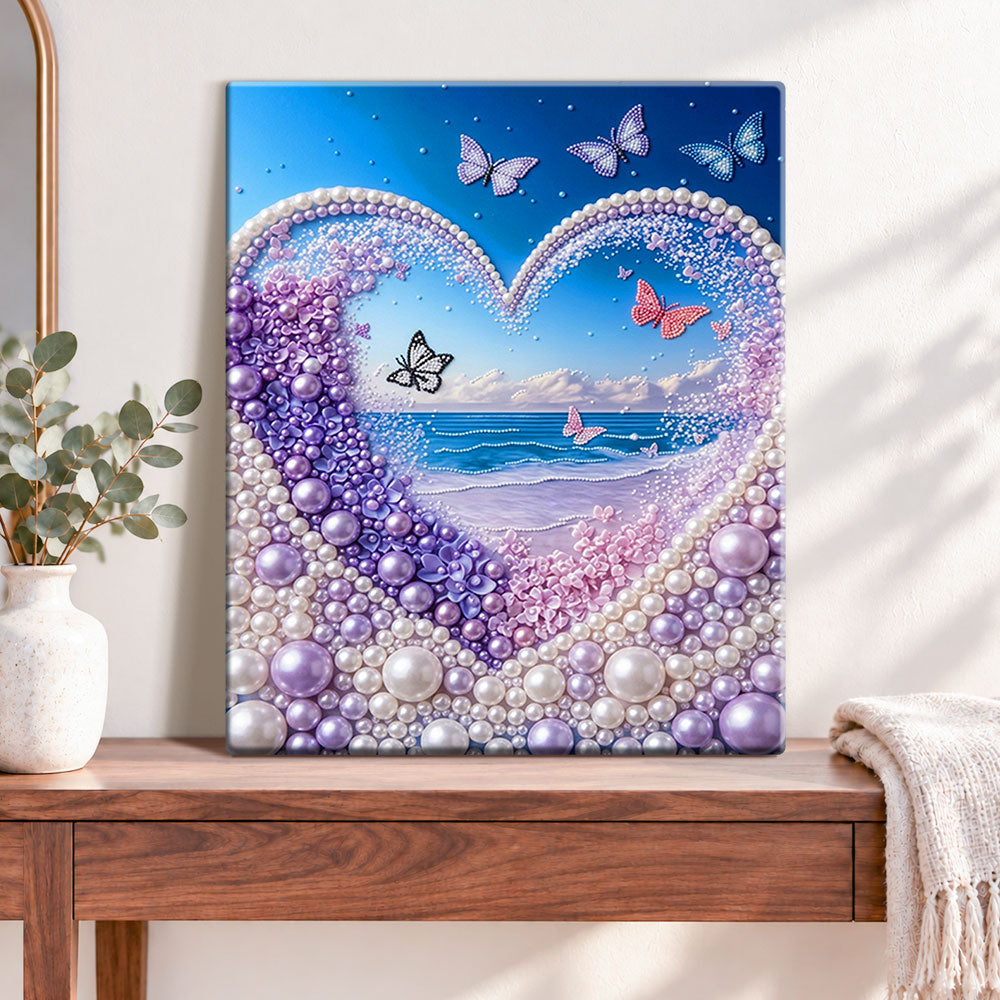 Finished heart pearl ocean butterflies pearl diamond painting artwork displayed as home decor