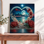 Finished heart roses and moonlit sea pearl diamond painting artwork displayed as home decor