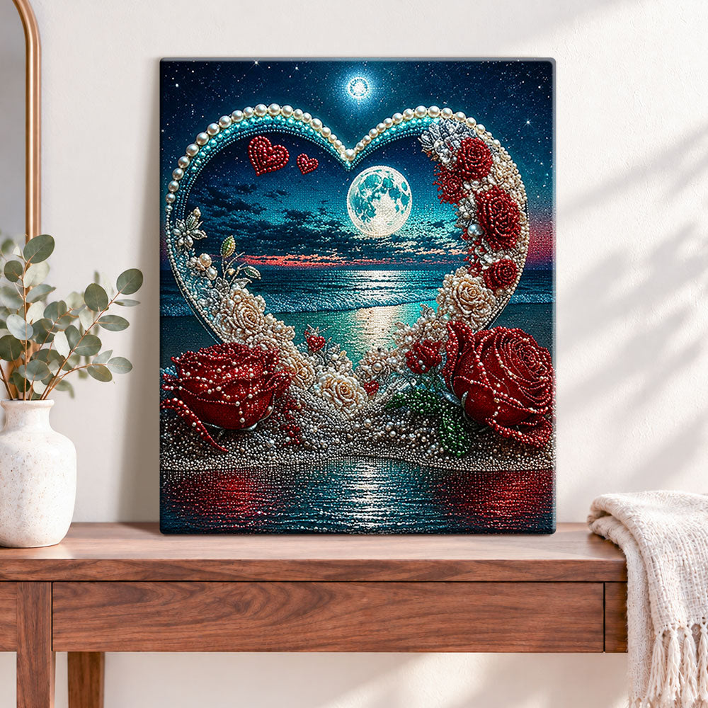 Finished heart roses and moonlit sea pearl diamond painting artwork displayed as home decor