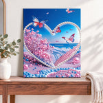 Finished heart seaside butterflies pearl diamond painting artwork displayed as home decor