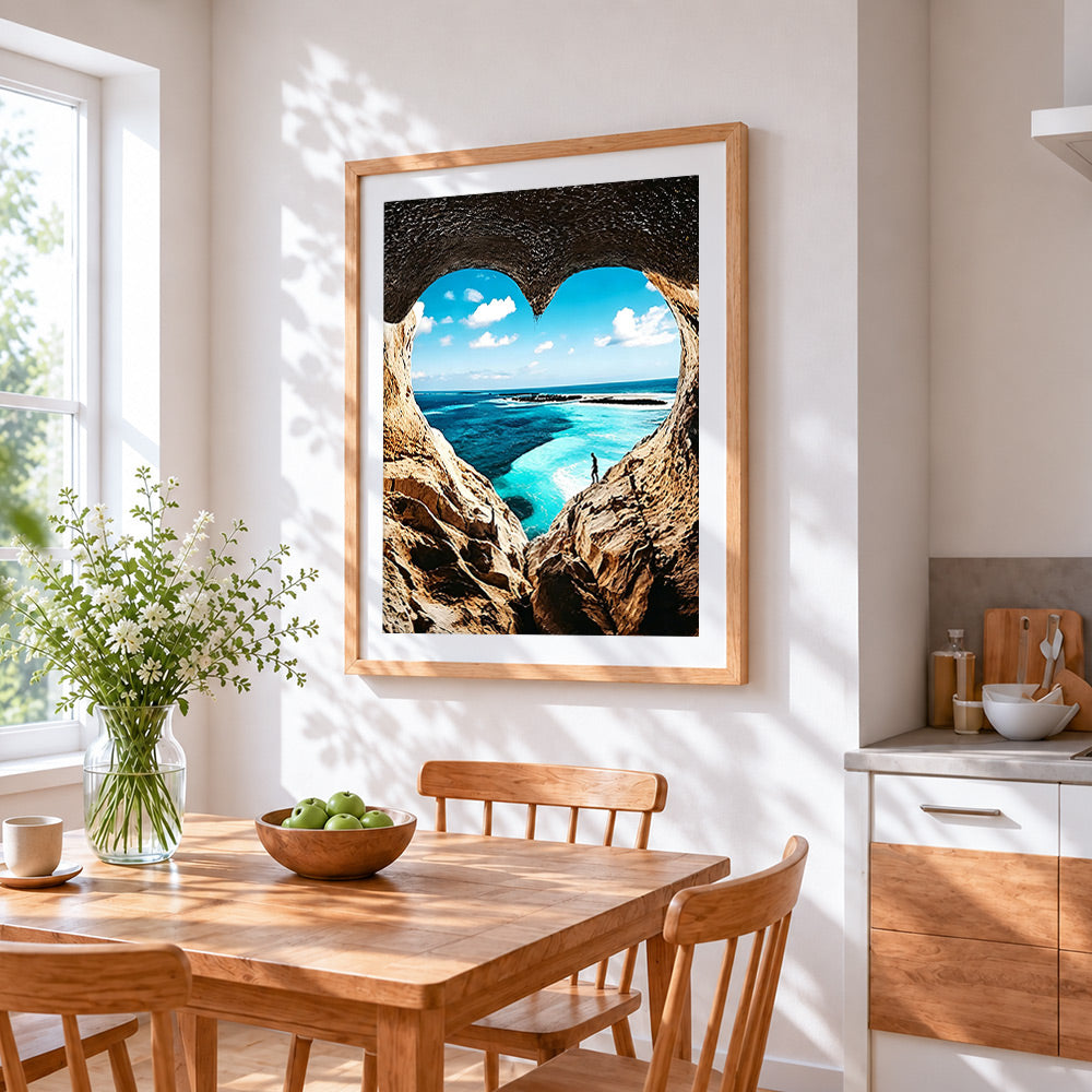 Heart shaped cave ocean view paint by numbers artwork displayed on wall as home decor