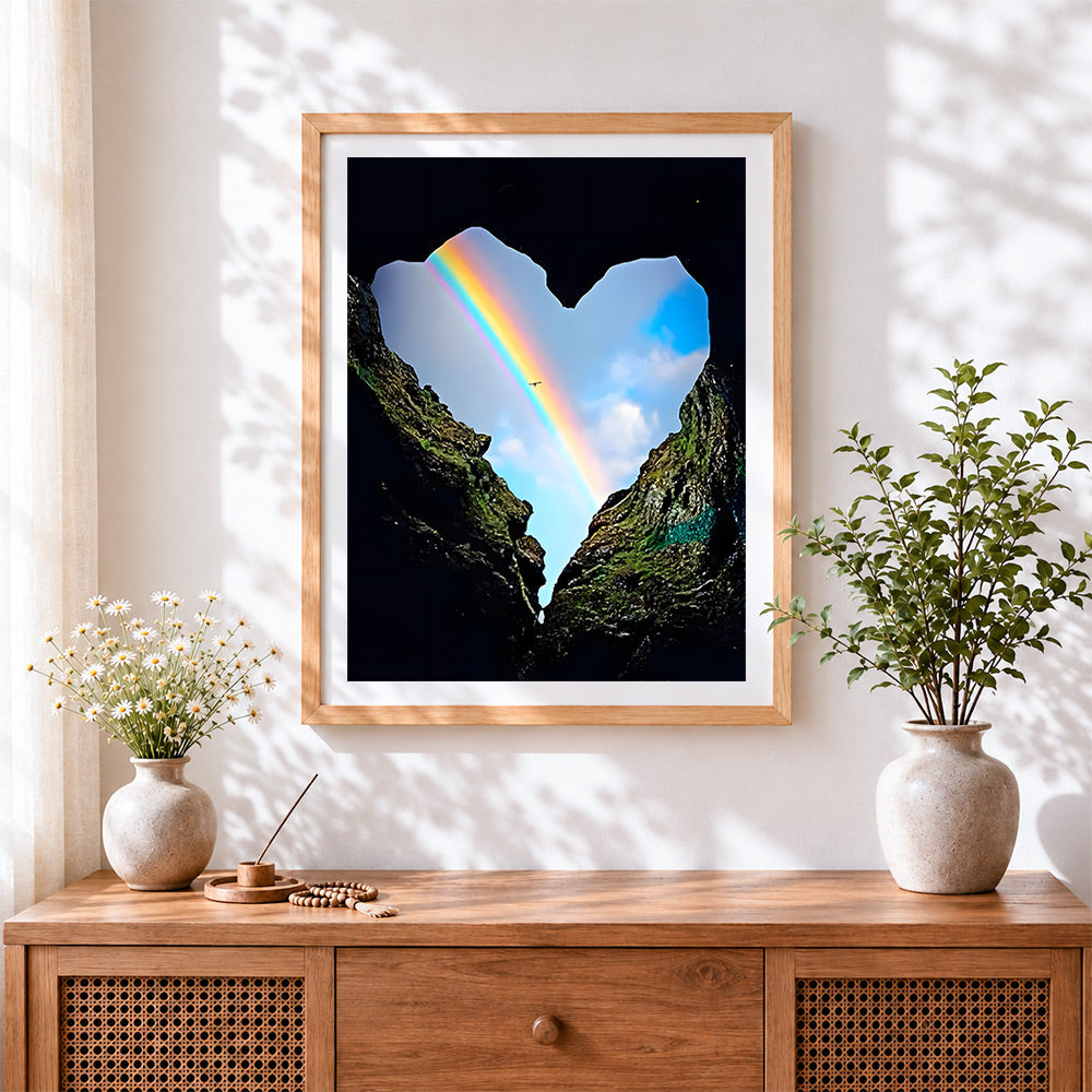 Finished heart shaped rainbow in the rocks cross stitch artwork displayed