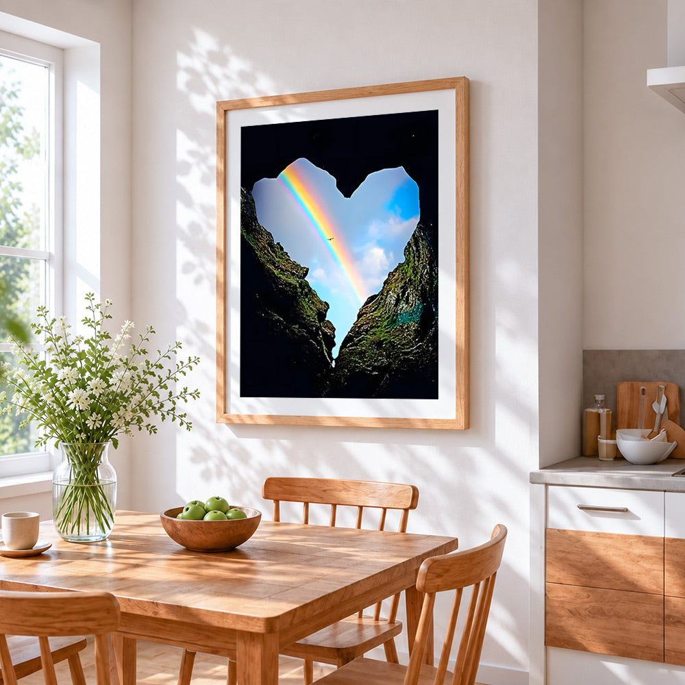Heart shaped rainbow in the rocks paint by numbers artwork displayed on wall as home decor