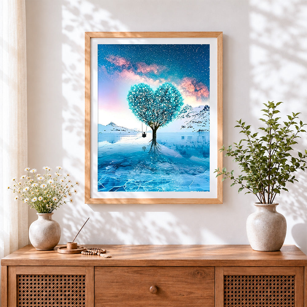 Finished heart-shaped tree on frozen lake cross stitch artwork displayed