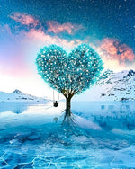 Heart-shaped tree on frozen lake cross stitch kit for beginners