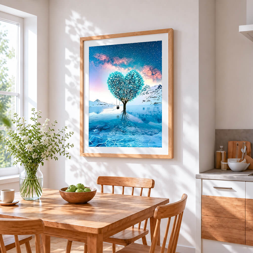 Heart-shaped tree on frozen lake cross stitch artwork displayed on wall as home decor