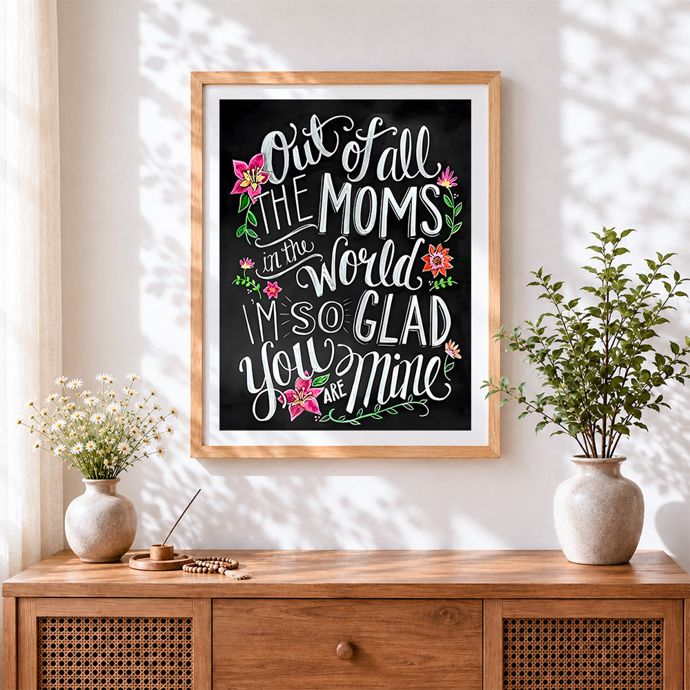 Finished heartfelt mother's day chalkboard print cross stitch artwork displayed