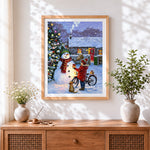Finished heartwarming boy giving a gift to a snowman cross stitch artwork displayed