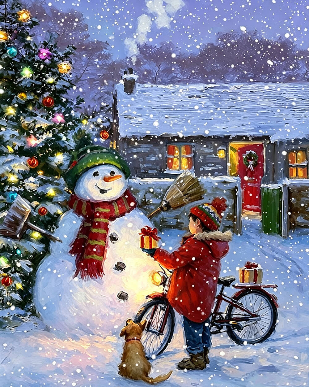 Heartwarming boy giving a gift to a snowman cross stitch kit for beginners