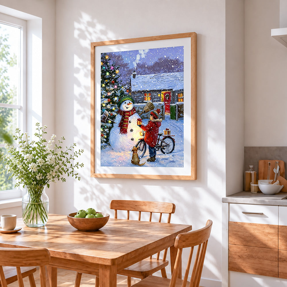 Heartwarming boy giving a gift to a snowman cross stitch artwork displayed on wall as home decor