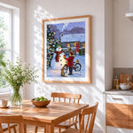 Heartwarming boy giving a gift to a snowman cross stitch artwork displayed on wall as home decor