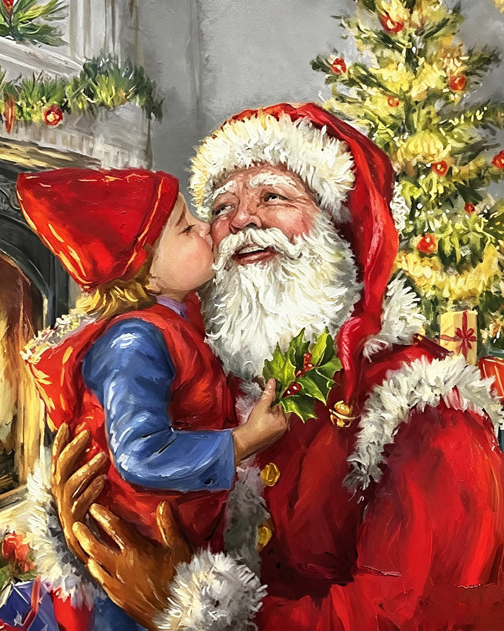 Heartwarming child kissing father christmas cross stitch kit for beginners