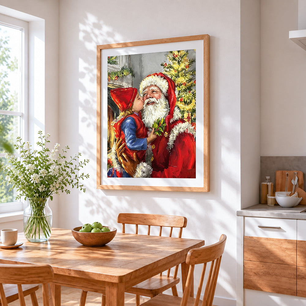 Heartwarming child kissing father christmas cross stitch artwork displayed on wall as home decor